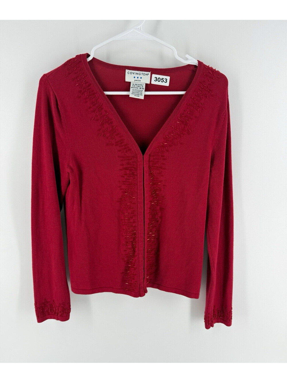 Covington Red Knit V-Neck Cardigan Beaded Embroidered Long Sleeve